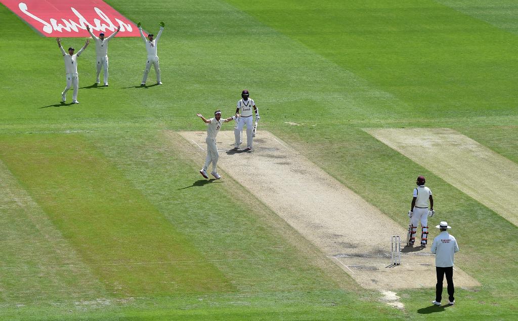 With three scalps in 14 deliveries, Stuart Broad broke the back of the Windies lower middle-order. (Credits: Twitter/ICC)