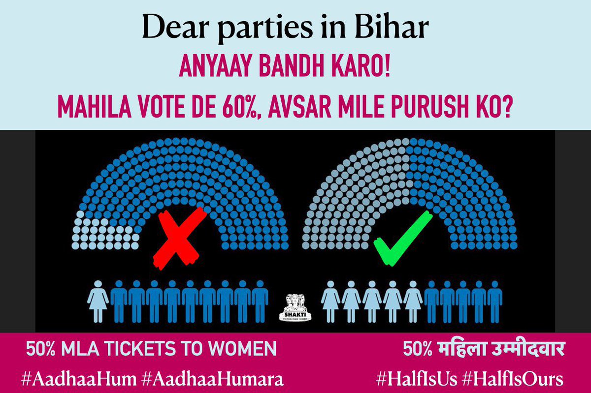 tarauk's tweet photo. Anyaay bandh karo, mahilaon ko 50% MLA ticket do! @NitishKumar @Jduonline @yadavtejashwi @RJDforIndia @YashwantSinha @ShatruganSinha @SushilModi #50pcMahilaUmeedvaarInBihar #AadhaaHum #AadhaaHumara https://t.co/qBl4LAq1Xs