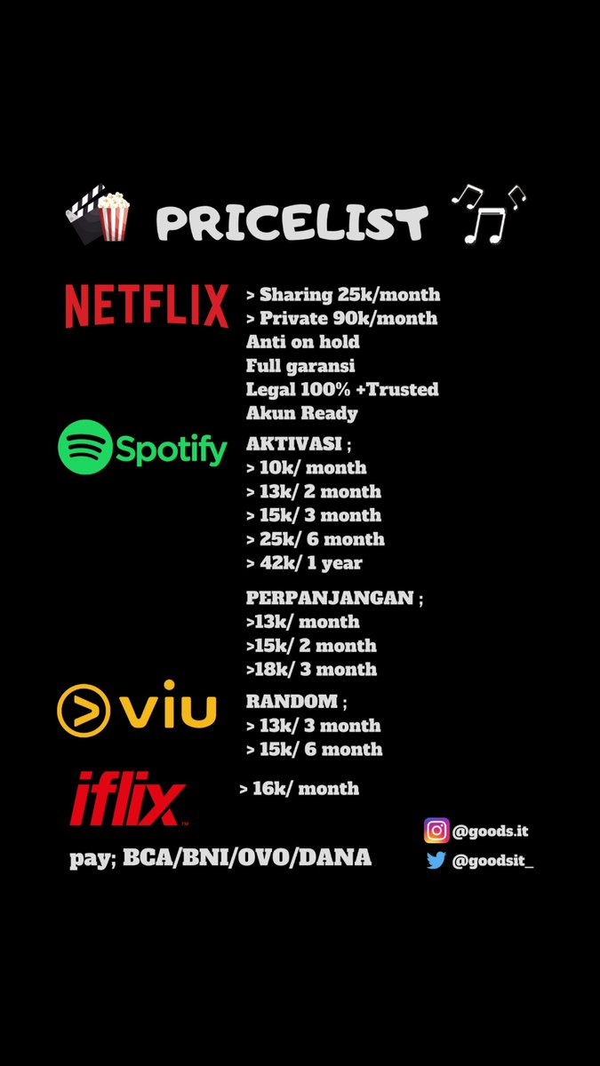 goodsit_'s tweet photo. @vrndrg Jual netflix MURAH
Sharing : 25k
Private : 90k

Anti onhold
FULL GARANSI
LEGAL
Akun ready

Habis TF langsung dapet akun kak

Payment bisa via BCA, BNI, OVO, DANA, GOPAY https://t.co/ffR2bUdWvu