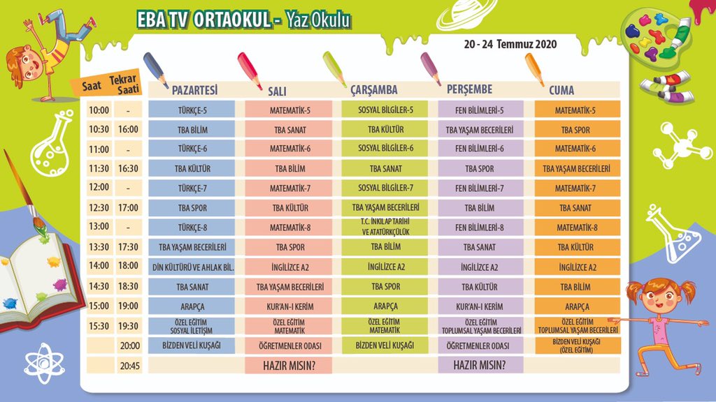 hakan__yasar's tweet photo. 📺TRT EBA TV

☀️Yaz Okulu’nda Bu Hafta

İşte, öğrenci, öğretmen ve velilerimize özel hazırladığımız yeni haftanın programı
Herkesi bekliyoruz...
🗓20-24 Temmuz 2020 https://t.co/LX1Zb7vTck