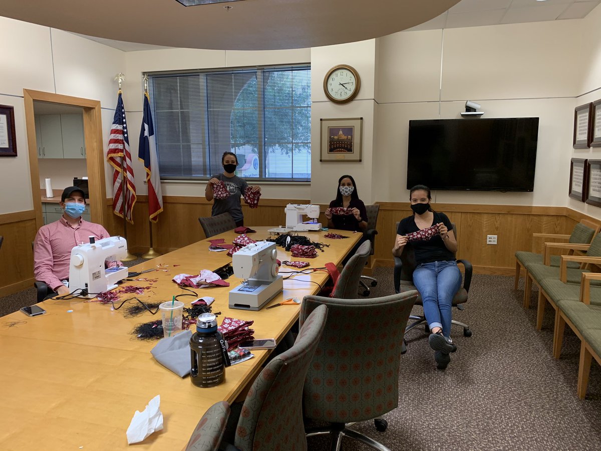 NRosarioPharmD's tweet photo. The OG #FaceMaskCrew got together again to fulfil a special order of 100 Texas A&M cloth face masks. We worked until we ran out of fabric ๐ช๐ฝ๐ท๐งต #MaskUpTexas https://t.co/PaCKAzjUD7
