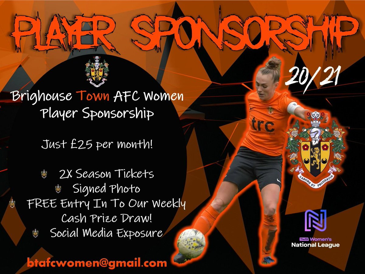HalifaxFCWomen's tweet image. SPONSORSHIP!

With the developments of recent weeks and a return to football, now is the time to secure your Town player for the season ahead!

Some amazing incentives as well as supporting one of our players for the 2020/21 @FAWNL season!

For more info: btafcwomen@gmail.com
