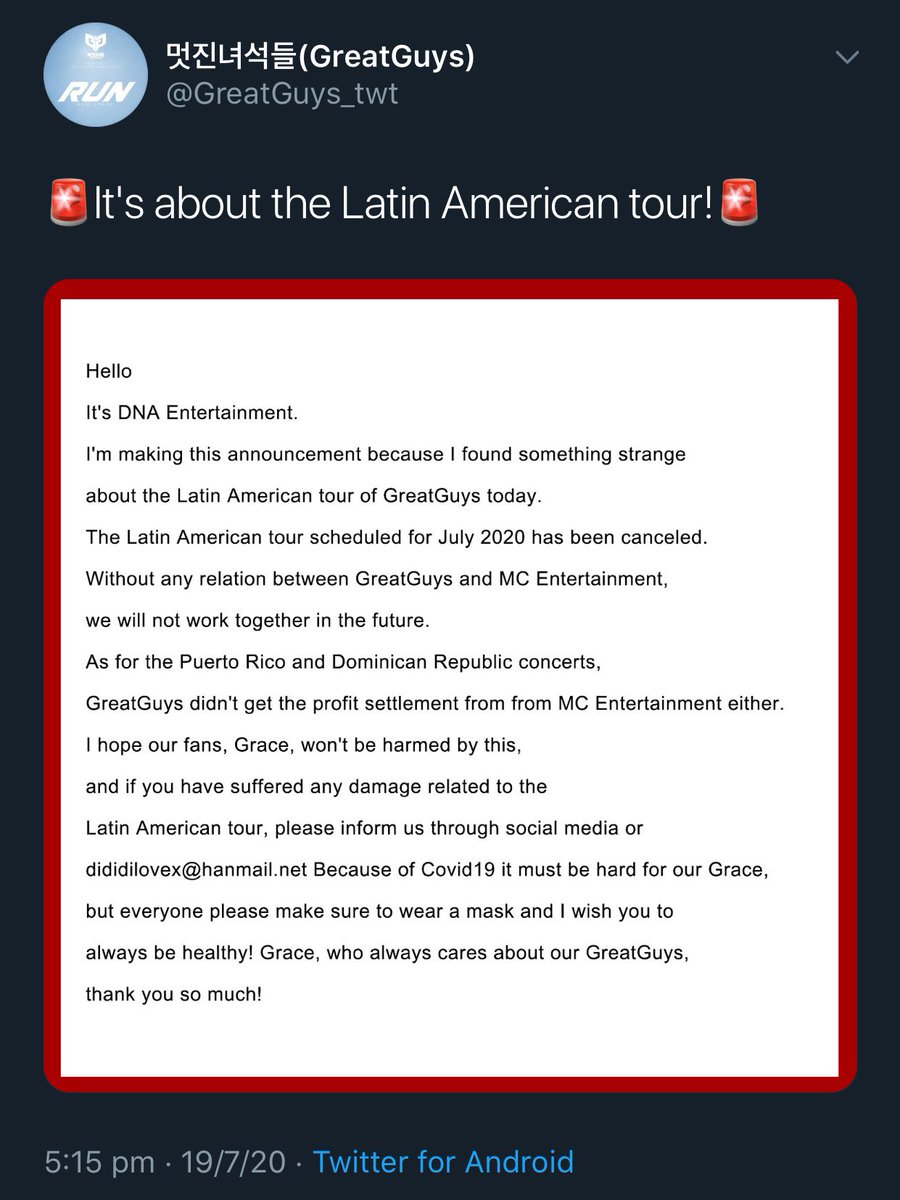 iampermanent's tweet photo. so promoters MC Entertainment didn’t pay GreatGuys and DNA Entertainment their profits for the Latin American tour where THEY WERE THE FIRST KPOP GROUP IN HISTORY TO HOLD A CONCERT IN THE DOMINICAN REPUBLIC AND ALL THE TICKETS SOLD OUT!

glad DNA exposed them, this is disgusting https://t.co/PTQ6nhJsn4