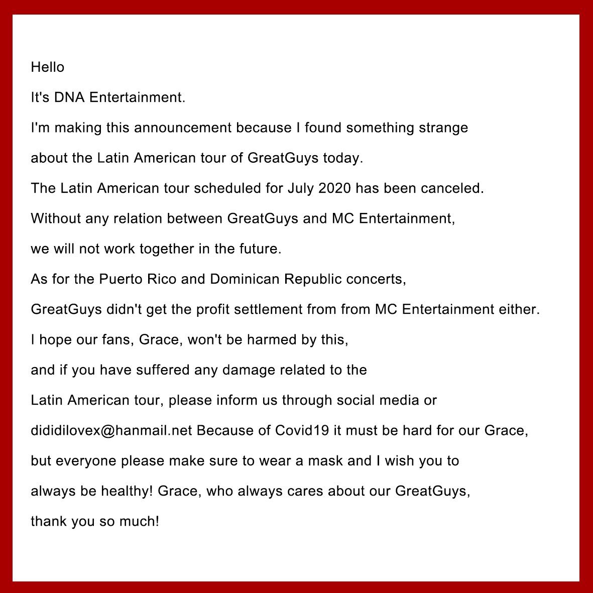 iampermanent's tweet photo. so promoters MC Entertainment didn’t pay GreatGuys and DNA Entertainment their profits for the Latin American tour where THEY WERE THE FIRST KPOP GROUP IN HISTORY TO HOLD A CONCERT IN THE DOMINICAN REPUBLIC AND ALL THE TICKETS SOLD OUT!

glad DNA exposed them, this is disgusting https://t.co/PTQ6nhJsn4