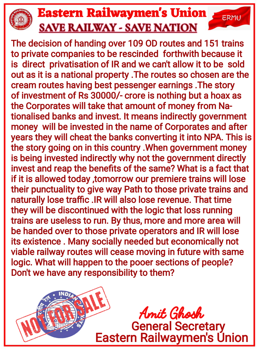 BikashC36072298's tweet photo. In any circumstances, we'll fight unitedly against privatization of railway !!!
#saverail #savenation https://t.co/4vJ1PQFQLn