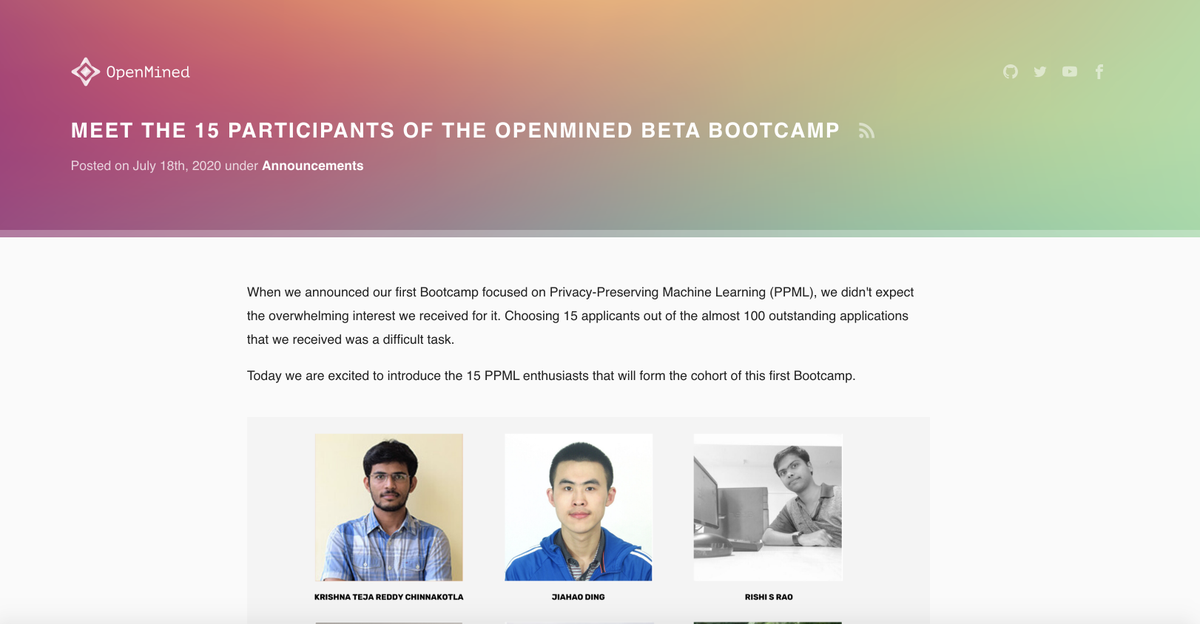 openminedorg's tweet photo. We are excited to introduce the 15 #PPML enthusiasts 

that will form the cohort of the first OpenMined #Beta #Bootcamp 

Congratulations! 

Read more on our blog: https://t.co/RheUOcXnso

Join our amazing community 👉 https://t.co/VLqVSAQV2B https://t.co/ifNSyCL9P3