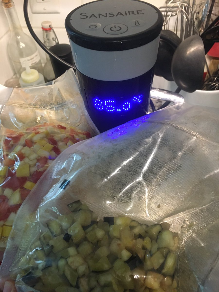 Some Ratatouille to go with our sliders. Heirloom tomatoes are perfectly in season and great side dish with grilling. Recipe from @HughAcheson and Sous Vide cookbook