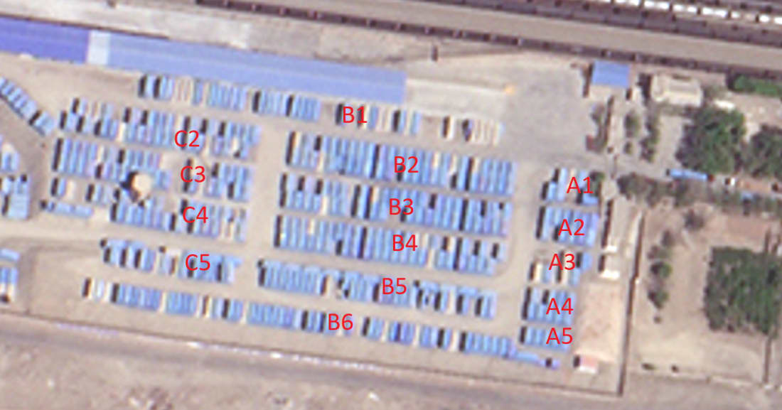 Additionally, and more clearly, the shipping contains are arranged in a certain grid,  @PlanetLabs happened to take a high resolution satellite image of the area on April 19th 2019, which showed an identical grid of shipping containers.