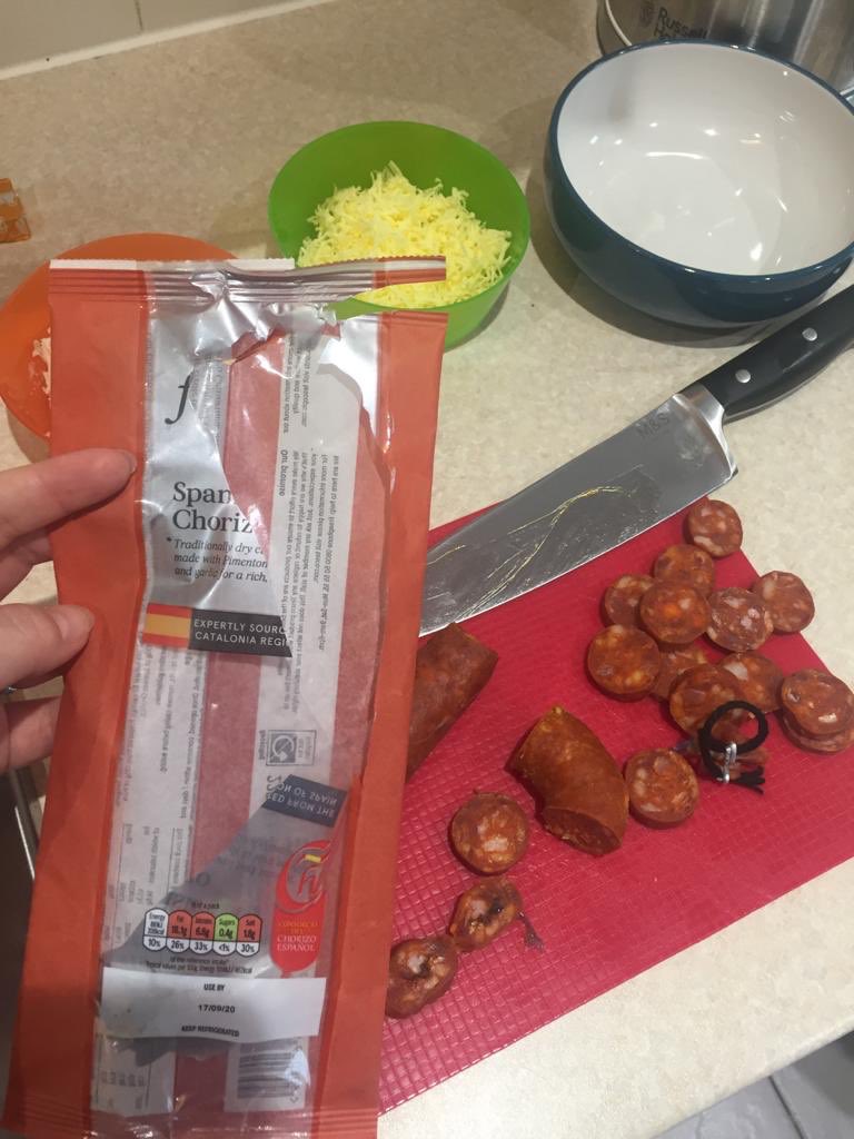 samalderson's tweet photo. How did this get through quality control @Tesco it appears to be blue plastic running through the whole chorizo ring! https://t.co/bXP7F70vXt