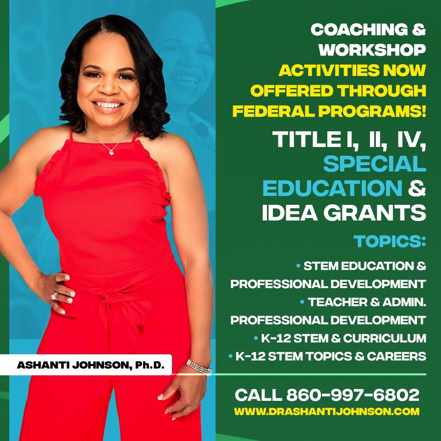 Coaching &amp; Workshop Activities Offered Through Federal Program!
✅ Title I
✅ Title II
✅ Title IV
✅ Special Education &amp; IDEA Grants
🧬 STEM Education &amp; Professional Development
🧬 Teacher &amp; Admin. Professional Development
🧬 K-12 STEM &amp; Curriculum
🧬 K-12 STEM Topics &amp; Careers