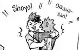 hq 402 

WE GOT OIHINA HUG AND OIKAWA CALLING HIM SHOYOU there are just a few hugs in haikyuu and one of them is oihina's in the last chapter 