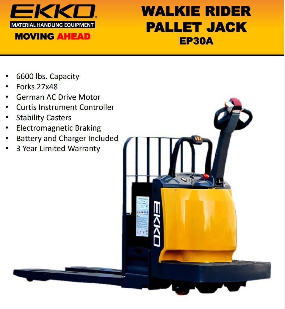 EKKOlifts's tweet photo. Walk it or ride it. #EP30A Walkie Rider Pallet Jack. 6600 lb. Cap., 27x45, AC Drive, Curtis Controller, 24V/280Ah. Don@ekkolifts.com 909-236-7994 #walkierider #electricpalletjack #riderpallettruck #riderpalletjack #pallettrucks #industrialsupplies #ekko #ekkolifts #walkierider https://t.co/my9f6Kr9fx