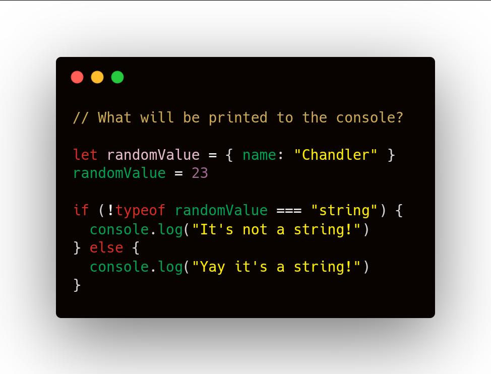 #javascript Quiz
What will be printed to the console?
.
.
#code #codingquiz #100DaysOfCode #CodeNewbies