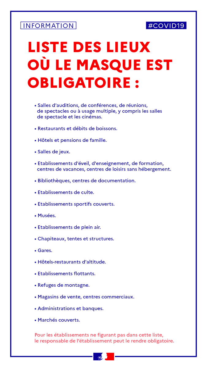 Sante_Gouv's tweet photo. [#Coronavirus] Toute personne de 11 ans ou plus devra porter un masque dans les lieux publics clos. https://t.co/I5u0DciCZm