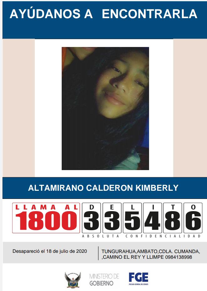 #PatrullaDigital  | Kimberly Altamirano Calderón de 13 años fue vista por última ocasión a las 17:40 del sábado 18 de julio en la Cdla. Cumandá de #Ambato
Vestía chompa con logotipos de Mikey, jean color celeste. Es de tez trigueña y mide 1,60 mts.
Llamar al ECU-911 o 1800335486