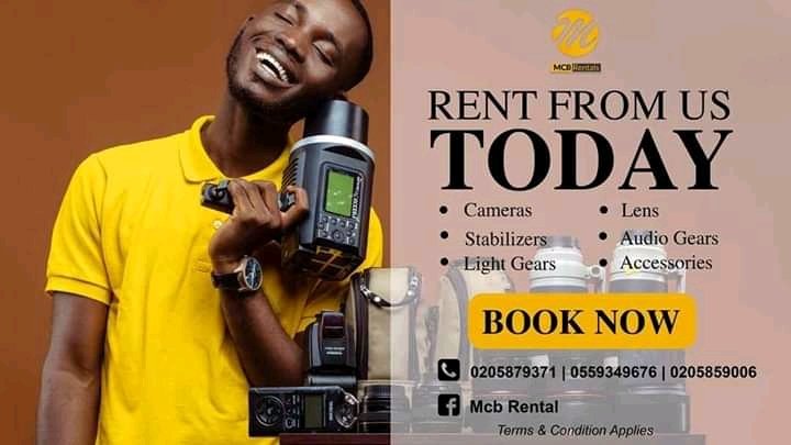 ...parties, funerals, church events and programmes. Here you gather a lot of experience and also make money to up your photography game. You can rent gears from shops like McB, CeeJay etc https://www.facebook.com/mcbrental  https://www.facebook.com/CeeJayMultimedia