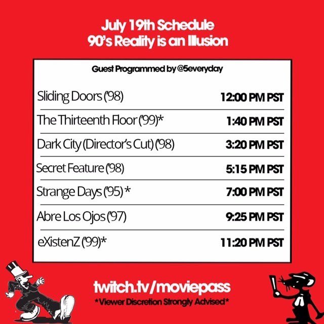 5EveryDayLA's tweet photo. Feeling cooped up? We guest-programmed 12 hours of reality-bending ‘90s movies over at https://t.co/QWkBznuBRr! Full schedule here: https://t.co/GLVTmgb6IK