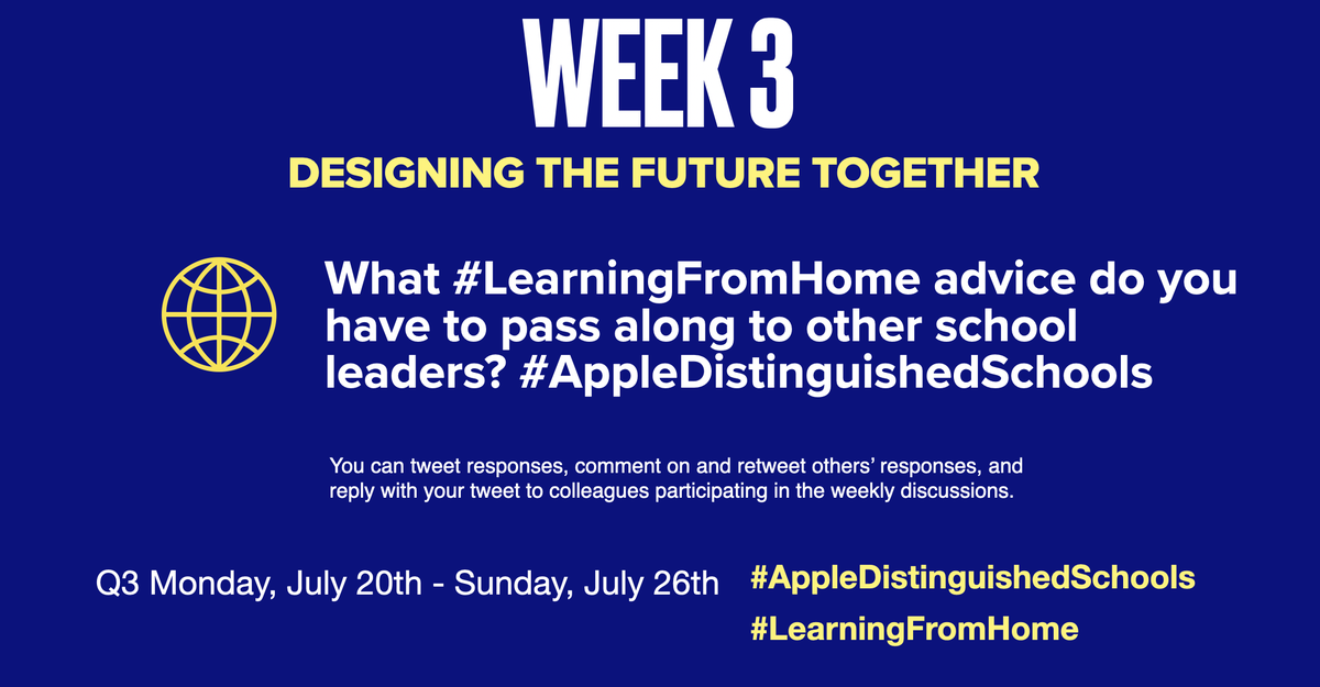 DrBillZiegler's tweet photo. Q3 What #LearningFromHome advice do you have to pass along to other school leaders? #AppleDistinguishedSchools

Join the Slow Chat &amp; Post throughout the week @AppleEDU @KathleenFerenz #appleeduchat #adefestivaloflearning #ADE @NASSP @TASSP1 @GASSP @mnprincipals @MOASSP @shmaynor https://t.co/eH0K4OleKl