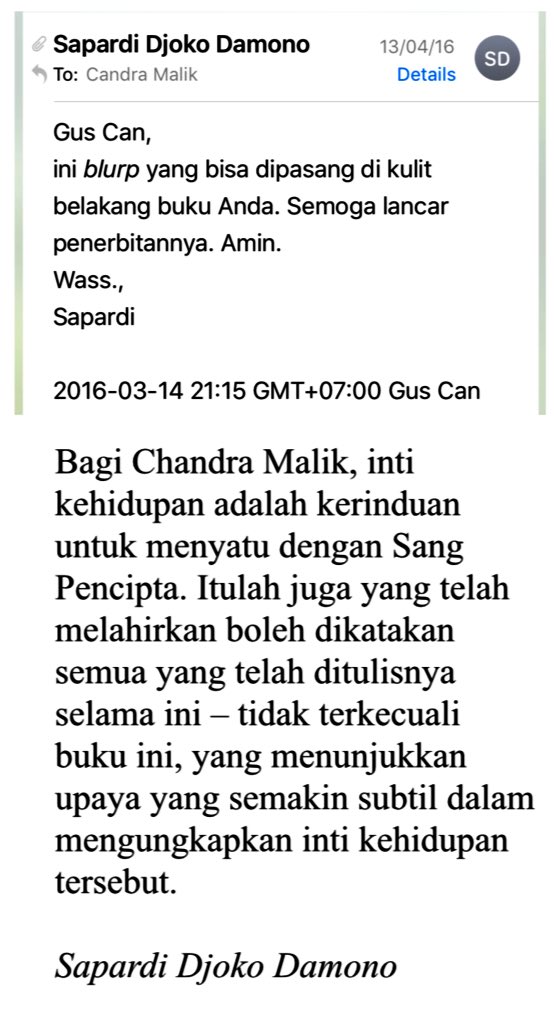CandraMalik's tweet photo. Sembilan Belas Juli
: Pak Sapardi

Aku lebih ingin
kau menjadi puisi
daripada penyair

Aku lebih ingin
kau bagiku abadi
dan tiada berakhir

Kau t’lah pulang
dari asal datang
dengan tenang

Dan aku saat ini
menulis kata sepi
tentang bulan juli

Candra Malik (2020) https://t.co/eBg69HNmO9