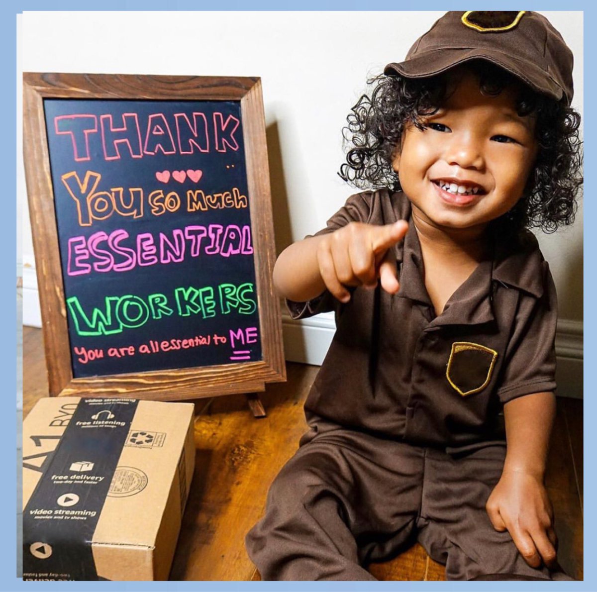 SuaveBeauty's tweet photo. “Not all heroes wear capes, some wear uniforms just like this one 📦” - @babymarleyjay Tag @SuaveBeauty to send a message of gratitude for an essential worker in your life using #EssentialsForEssentials. https://t.co/sOhUlYgsEL