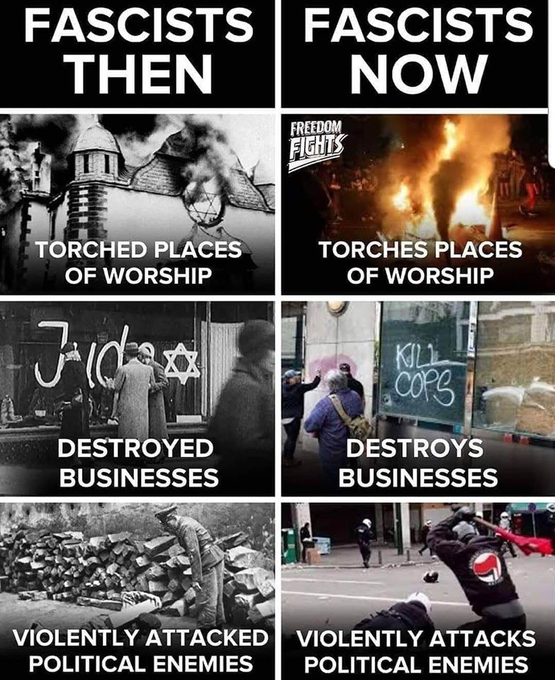 Anyone who has ever studied the Nazi's knows that Antifa and Black Lives Matter are using the same playbook. They are the real FASCISTS. A classic fascist tactic is to commit violence and scream "FASCIST" when they are arrested. They learned that from the Nazi's.