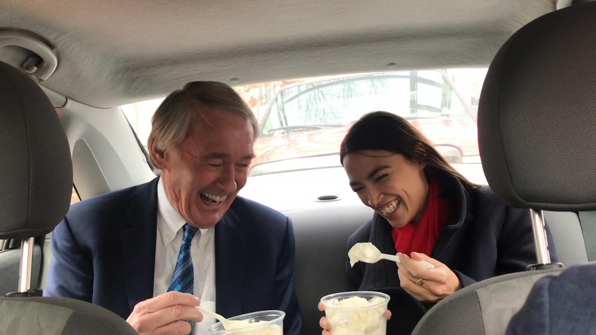 EdMarkey's tweet photo. We had just introduced the Green New Deal and Republicans were saying we wanted to ban cows. So we got ice cream. Happy National Ice Cream Day from me and my friend @AOC. https://t.co/0xdSXsBa7i