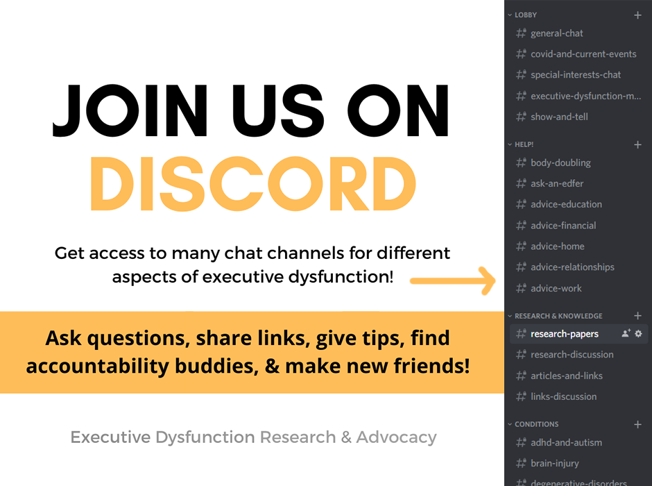 ExecDysfunction's tweet image. Do you deal with #executivedysfunction / #executivefunction problems? Come join EDRA on discord to chat with others dealing with the same/similar things!

#ADHD #NeurodiverseSquad #ActuallyAutistic #TBI #mentalhealth 

discord.gg/F9Tahmz