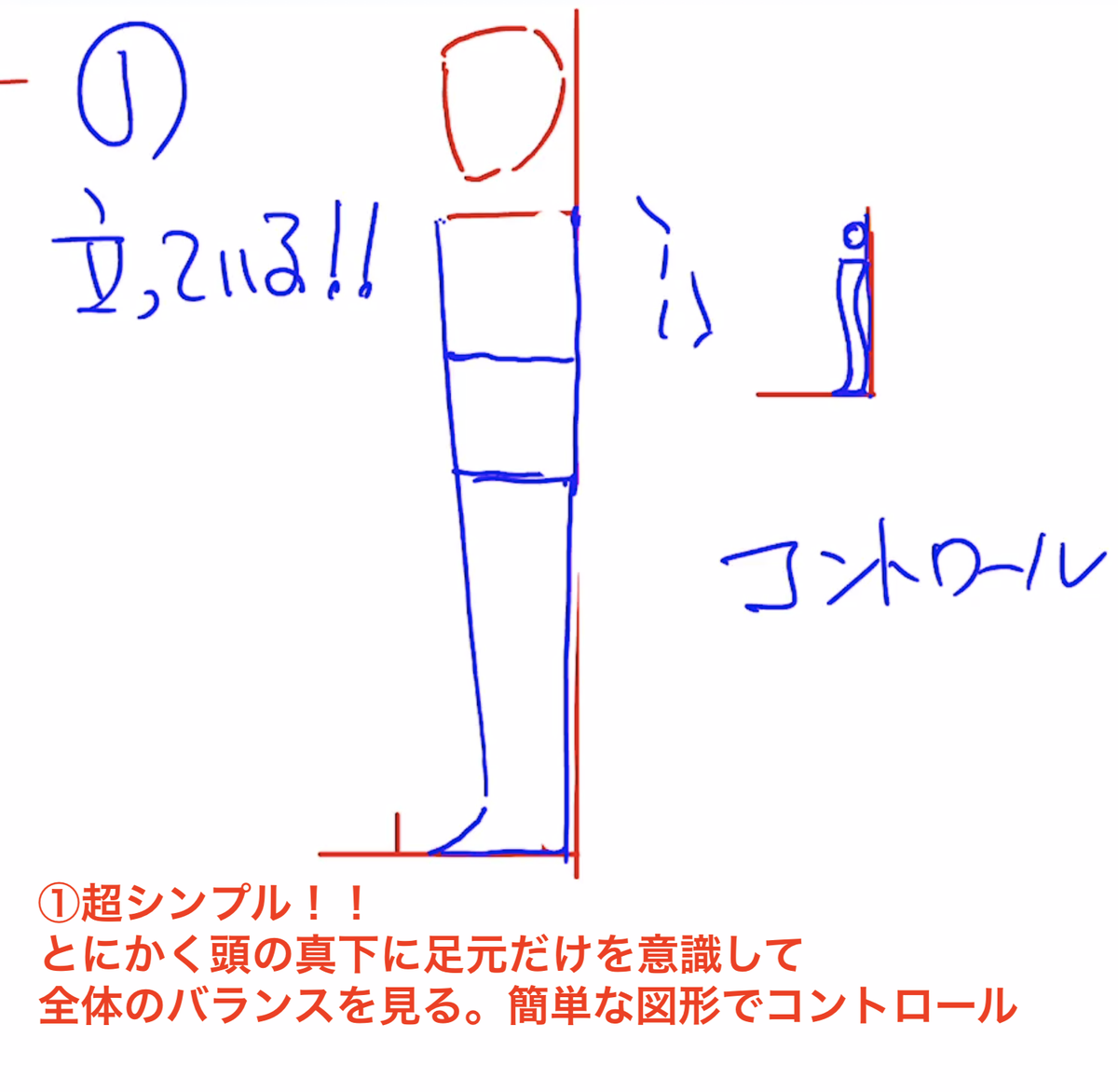 最強3ステップで全身描き克服!!
①超シンプル!!
とにかく頭の真下に足元だけを意識して
全体のバランスを見る。簡単な図形でコントロール
②手足をひとかたまりで捉える。
いきなり細部に行かない。
この段階で80%は決まる
③短パン下の体のつながり重要!!
袖や裾は案外フラット!! 