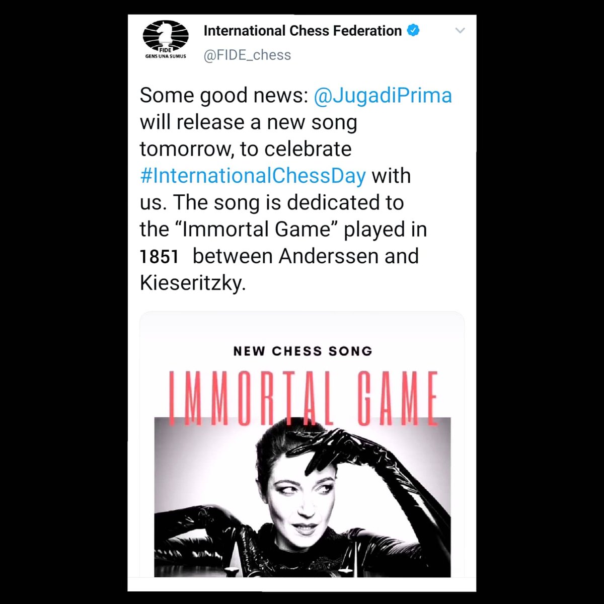 JugadiPrima's tweet photo. My new Chess song
'IMMORTAL GAME' is
coming tomorrow night,
stay tuned 😉 🖤 #internationalchessday #chessequality #chesssongs #Chess #chessconnectsus #ajedrez #chesslover https://t.co/s0ubK4D59E