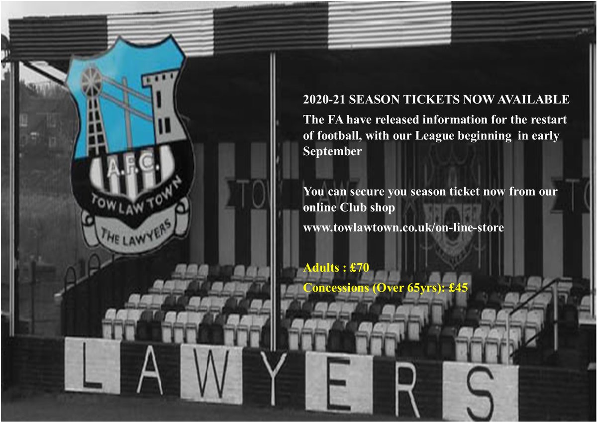2020-21 Season Tickets now on sale <a href="/Towlawtown/">Tow Law Town AFC #Lawyers</a> get yours now for the restart of @theofficialnl <a href="/WorkTheSpace/">Jack</a>  football
Visit towlawtown.co.uk/online-store