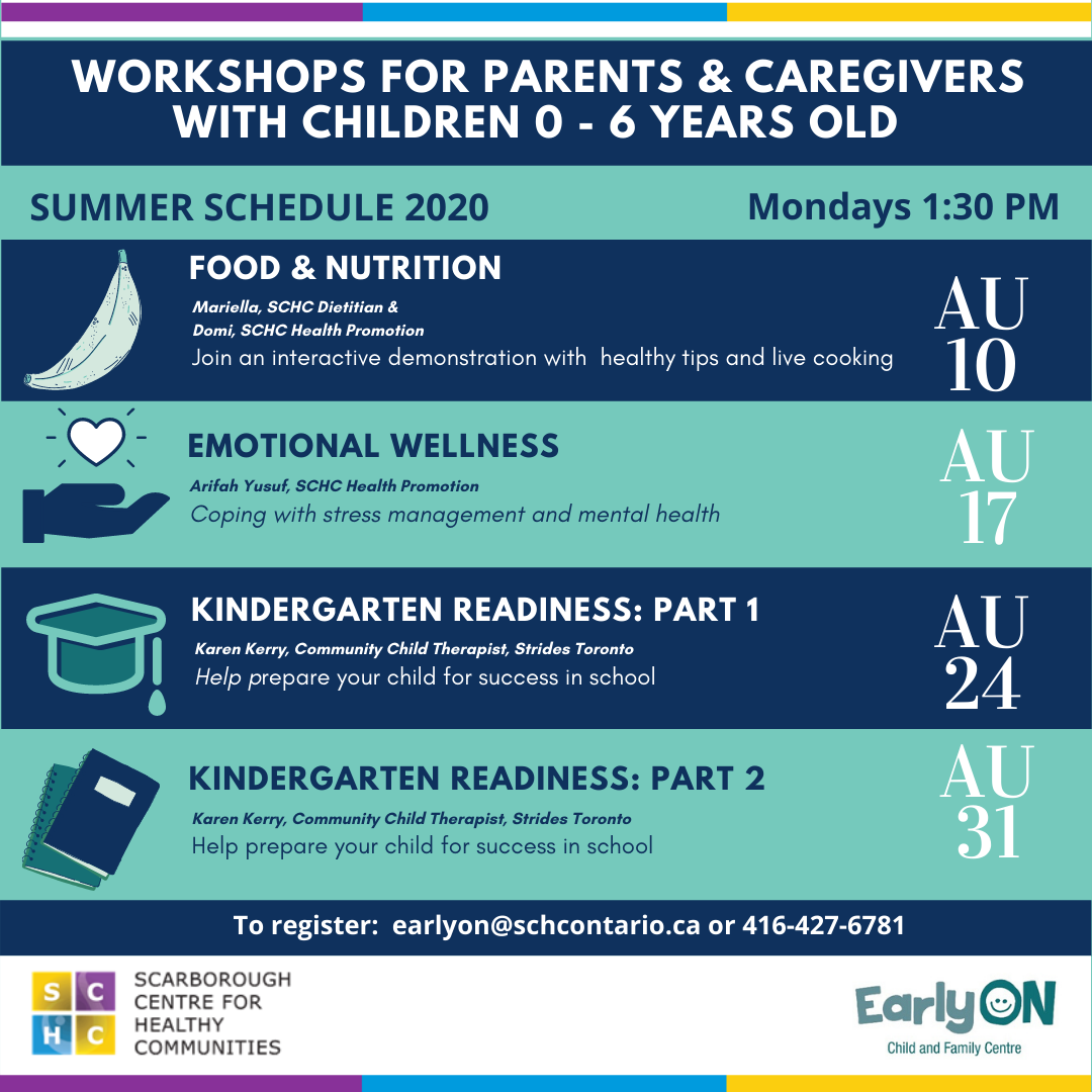 SCHCOnt's tweet photo. @SCHCOnt and EarlyOn presents Virtual workshops for Parents and Caregivers with Children 0-6 years on parenting and overall well-being ππΆ
REGISTER π earlyon@schcontario.ca or 416-427-6781
#SCHC #SCHCIsStillHere #EarlyON #ParentingWorkshops #VirtualWorkshop #OnlineEvents https://t.co/APfPaz8V1r
