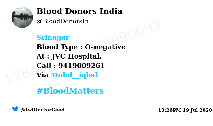BloodDonorsIn's tweet photo. #Srinagar
Need #Blood Type :  O-negative
At : JVC Hospital. 
Blood Component : Need Plasma from O-ve #COVID19 recovered patient.
Primary Number : 9419009261
Via: @Mohd__iqbal
#BloodMatters
Powered by Twitter https://t.co/zklaBByHeN