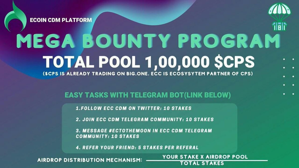 BitcoinEran's tweet photo. 🚀New Airdrop: ECCCOIN (Total reward 1,00,000 CPS (Pool)
Reward: 30 Stakes
Referral: 5 Stakes for each referral

✅Airdrop Link: https://t.co/Qf6l6NRxxN
🔹Complete Simple Task.
🔹Submit Your ERC20 Address.

🔹1 CPS = 0.027 USD (Exchange: https://t.co/txnaHf2LQs ) https://t.co/FmccVprnC5