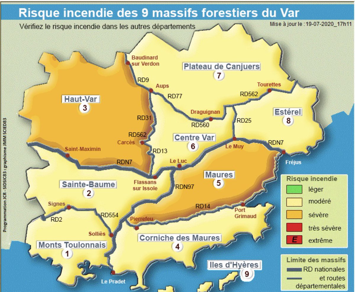 Lundi 20 juillet 2020, les massifs des Maures et du Haut-Var sont en risque incendie SÉVÈRE, les 7 autres massifs forestières du #Var sont en risque incendie MODÉRÉ.
Infos sur : var.gouv.fr/acces-aux-mass…