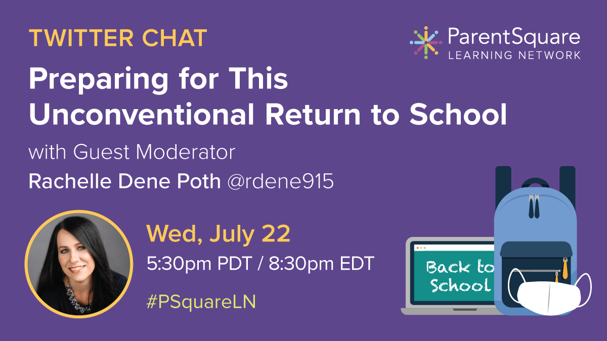 Rdene915's tweet photo. Please join us tomorrow for our #PSquareLN chat, let's talk about the return to school. #education #edchat #k12 #suptchat #caedchat #txedchat #distancelearning #EdLeaders #engagechat #crazyPLN #nt2t #eduMentor @ParentSquare @EdumatchBooks https://t.co/z08XKIauc7