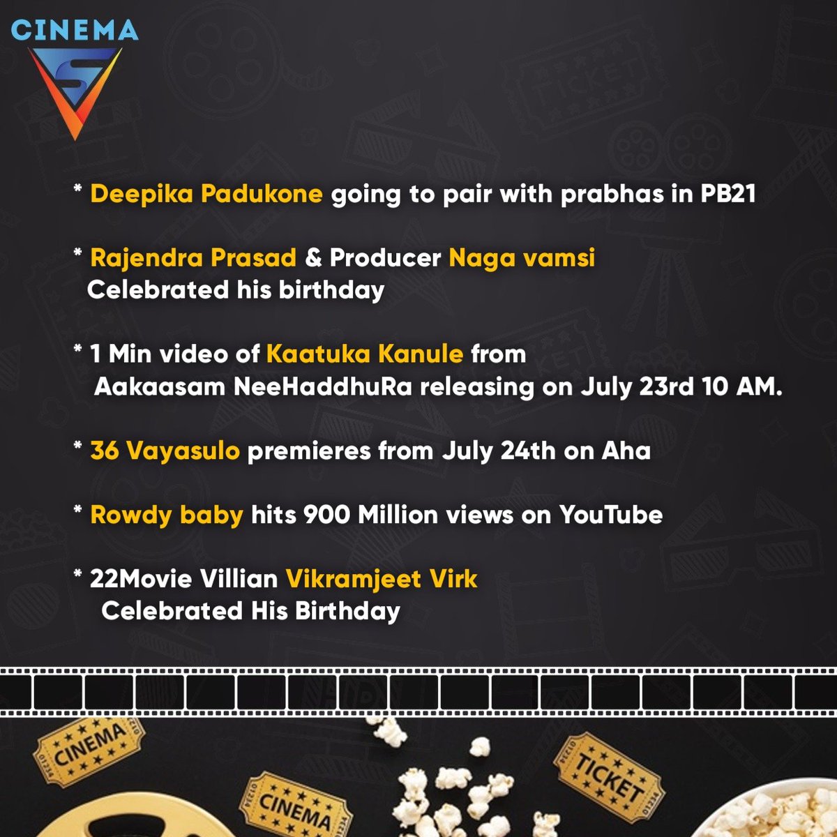 UrsVamsiShekar's tweet photo. Let's take a look at today's movie news roundup with #VSCinema 🎬 🍿 🎥
#DeepikaInPrabhas21 #RajendraPrasad @vamsi84 #KaatukaKanule #36Vayasulo #RowdyBaby #22Movie #Vikramjeet https://t.co/zsWmA7LS7Z