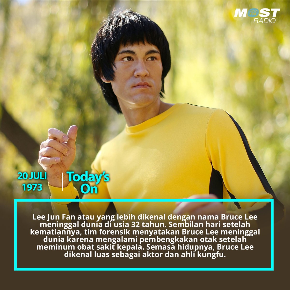 most1058's tweet photo. Lee Jun Fan atau yang lebih dikenal dengan nama Bruce Lee meninggal dunia di usia 32 tahun. Semasa hidupnya, Bruce Lee dikenal luas sebagai aktor dan ahli kungfu. #TodaysOn #80sForAll https://t.co/PicTaxBDBP