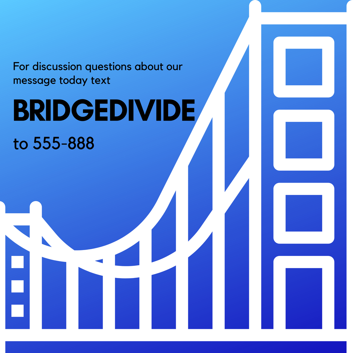 Crosspoint247's tweet photo. For discussion questions about our message today text "bridgedivide" to 555-888.
#crosspoint247 #bridgedivide #bridgingthedivide https://t.co/qAmQkwu8D8