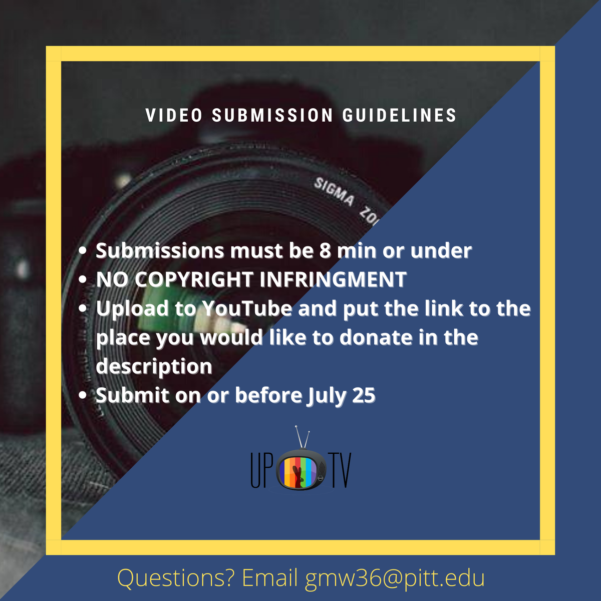 UPTVPitt's tweet photo. Needed some more time to make/submit your film(s)? No problem! We've extended the film comp deadline to July 25! We can't wait to see what you've created! #pittnow #pittcreates https://t.co/tnecDMK77N
