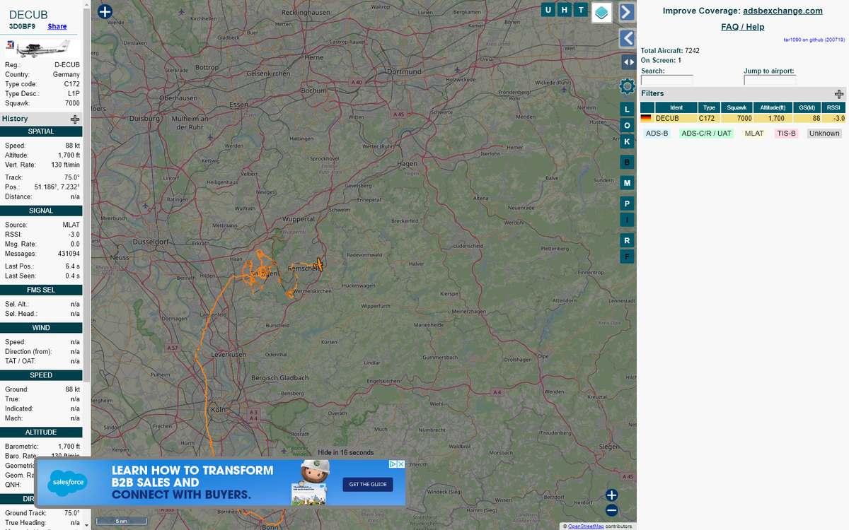 Radar_Assistant's tweet photo. CIRCLING ALERT : At time Sun Jul 19 18:26:15 2020 #DECUB was likely to be circling at FL15 7nm from WYP Wipper_VOR_DE
near Schloßbergstraße, Höhscheid/Burg, Solingen, Nordrh #AvGeek #ADSB https://t.co/vn0pQTQmnW https://t.co/ciU8f4VpLi