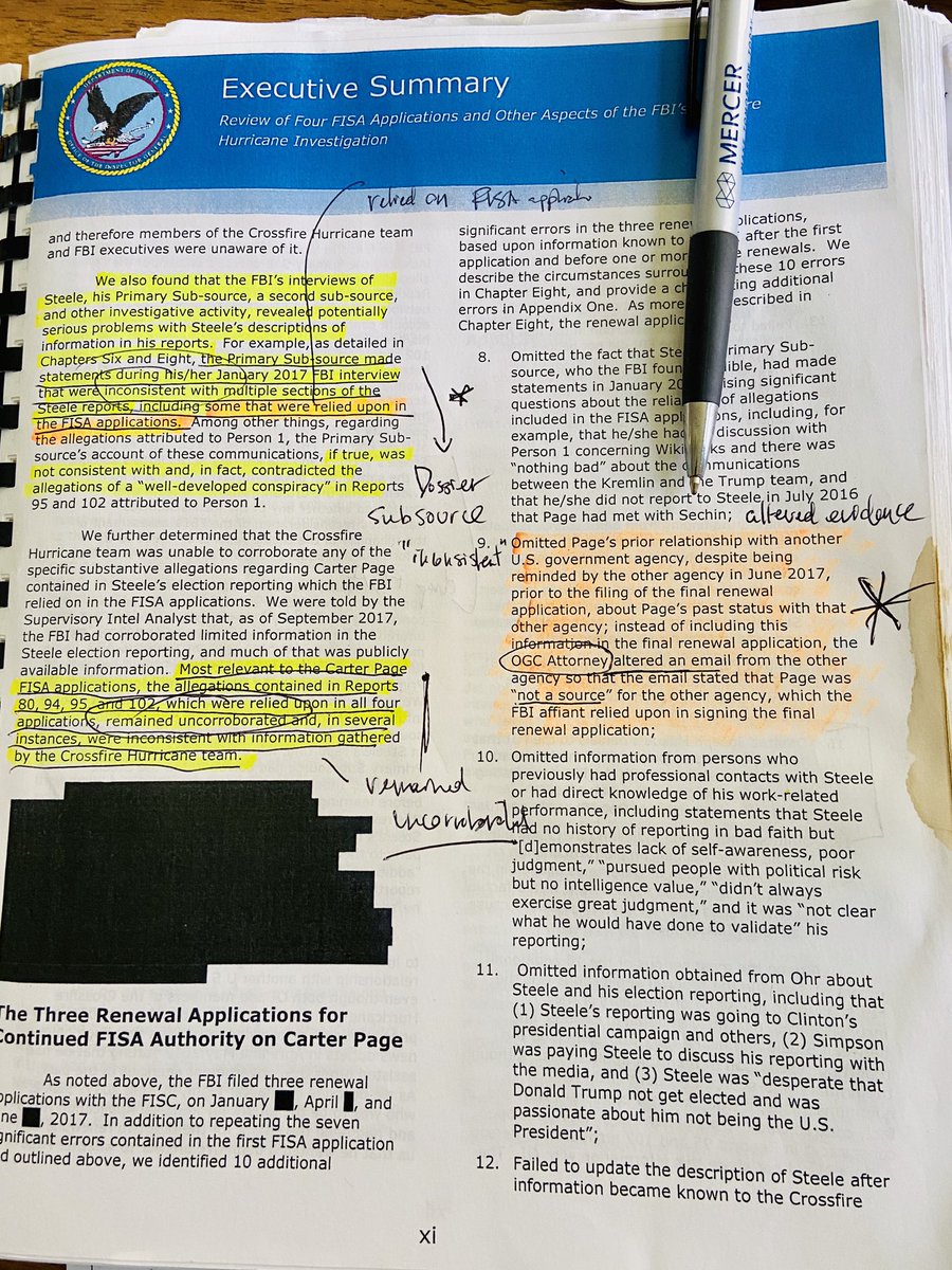 Revealing that relationship would have likely gone a long way to explain Page’s Russia contacts. IG Horowitz found dossier “played a central + essential role” in FBI decision to surveil Page. At what level + who made call to blow through these warnings? RE-READ Horowitz Xi+ Vi.