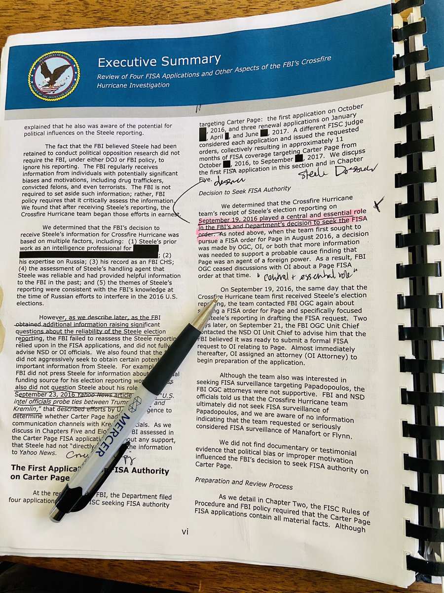 Revealing that relationship would have likely gone a long way to explain Page’s Russia contacts. IG Horowitz found dossier “played a central + essential role” in FBI decision to surveil Page. At what level + who made call to blow through these warnings? RE-READ Horowitz Xi+ Vi.