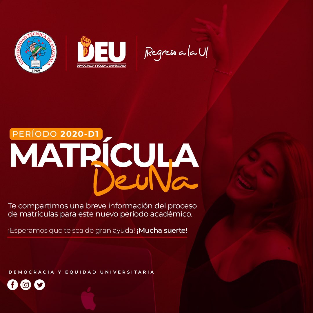 deu_utmach's tweet photo. Muchos éxitos en este nuevo proceso académico ✨ 
#MatrículaDEUna #Utmach  #Deu #Matrículas2020 https://t.co/oOJVo1RArl