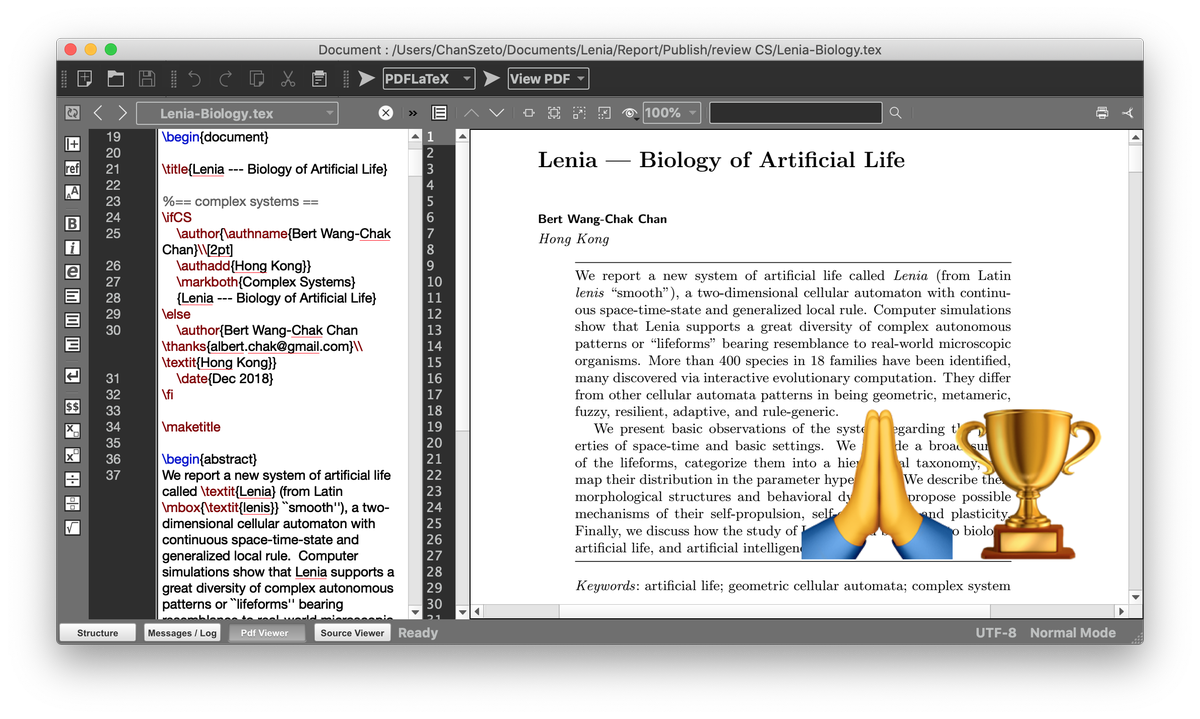 BertChakovsky's tweet photo. I am greatly honored to receive the Outstanding Paper of 2019 from ISAL @alifeofficial for "Lenia: Biology of Artificial Life".
Greatest thanks to @hardmaru @Kriegmerica @_tim_hutton_ @kyrre2000 @sina_lana @pyoudeyer et al. for discussions & warm supports up to this day. 1/4 https://t.co/EEZuPate4h