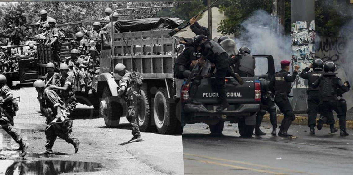 pxmolina's tweet photo. Un artista anónimo recreó imágenes históricas de la represión del dictador Somoza mezclándolas con imágenes de la actual represión por el dictador Ortega. Acá una de ellas. #SiempreSera19deAbril #AbajoLaDictadura #ContraMarchaAzulyBlanco #OrtegaYSomozaSonLaMismaCosa #SOSNICARAGUA https://t.co/BS9Z6Hm2Y5