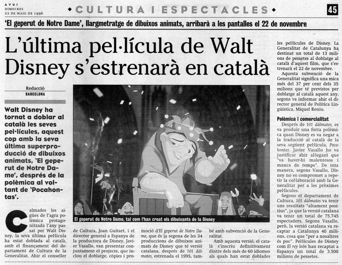 DoblatgeCatala's tweet photo. La notícia del doblatge d' 'EL Geperut de Notre Dame' (1996) als diaris El Punt, Avui i Diari de Girona. Va costar 13 milions de pessetes i els va pagar la Generalitat (el 37% del pressupost anual dedicat al doblatge en català, de 35 milions). https://t.co/v246JvUDH1