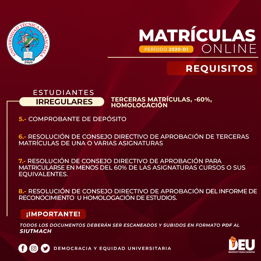 deu_utmach's tweet photo. Te compartimos esta excelente información para que puedas matricularte con éxitos.  Esperemos te sirva mucho. #MatriculaDEUna #Utmach #deu #matriculas2020 https://t.co/4NsCVXvEJx