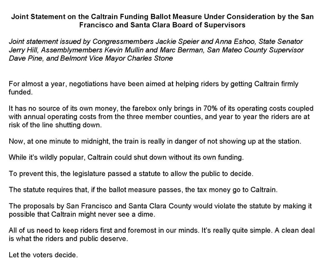 kevinmullin's tweet photo. Leaders representing areas in all 3 Caltrain counties agree: Let’s engage in genuine regional collaboration and earn voters’ trust for a dedicated revenue stream for @Caltrain this November. Let’s preserve this vital service for workers &amp; the economic recovery. #SaveCaltrain https://t.co/aMt0VlOQZW