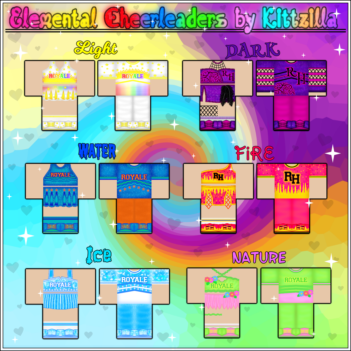 Kittzilla Heaven On Twitter Commission For Nightbarbie New Elemental Cheerleader Outfits I Made For The New Royale High School Coming These Were Super Fun To Create And I - roblox highschool codes cheerleader