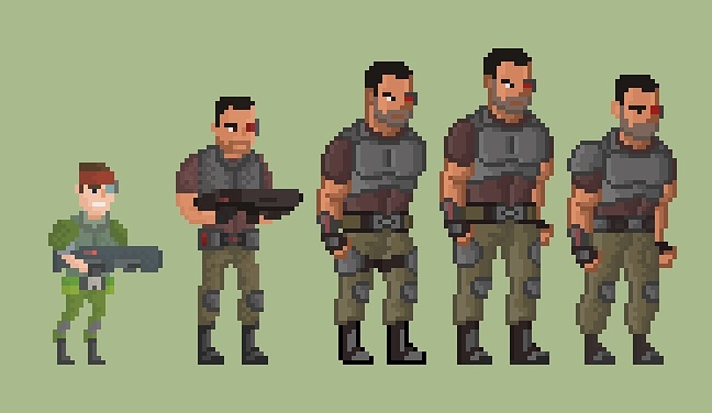 TrycoreGames's tweet photo. Evolução do personagem Douglas Rex, um dos personagens jogáveis de Hard Force. 
.
.
.
#pixel #pixelart #game2d #gamedesign #gamedev #geek #jogosbrasil https://t.co/2xHqoMwBtd